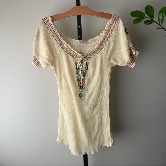 Vintage Boho Embroidered Floral 100% Cotton Off Shoulder Blouse Top Shirt Yellow - Picture 8 of 8